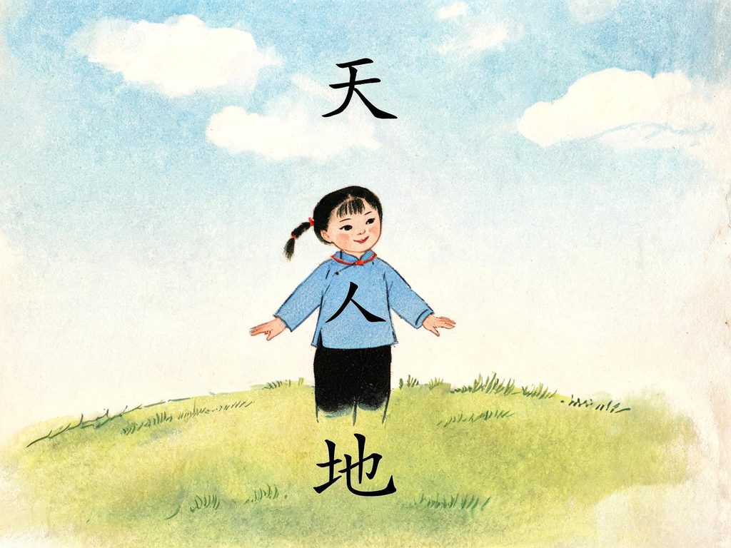 天地人三个大字配天空大地与人物的插画