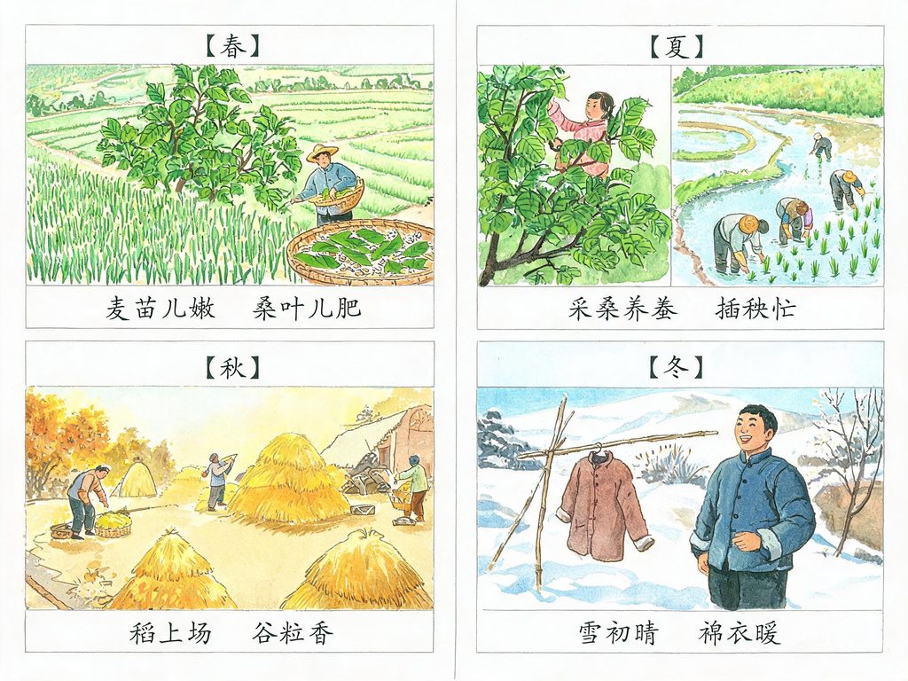 四格画面：春天播种、夏天除草、秋天丰收、冬天休息