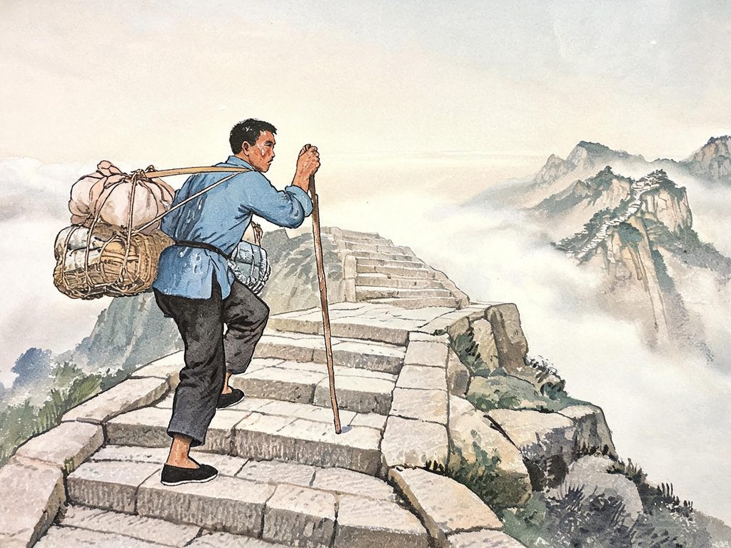 泰山石阶上挑山工折尺形登山的画面