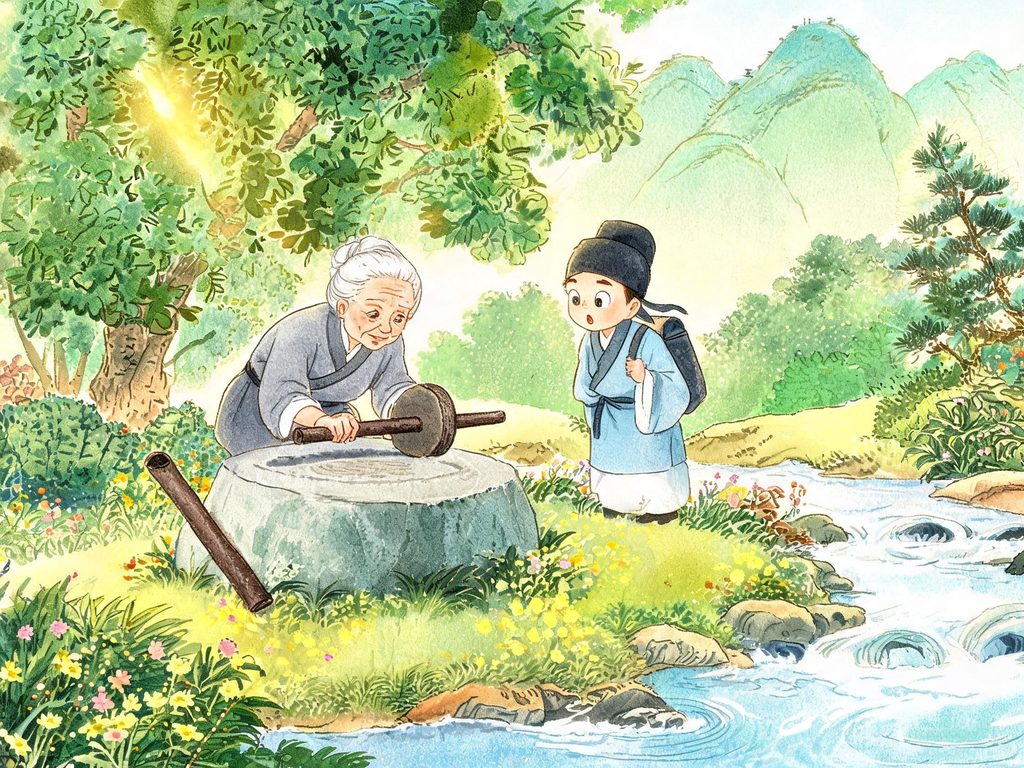 老婆婆磨铁杵、李白在旁边的插画
