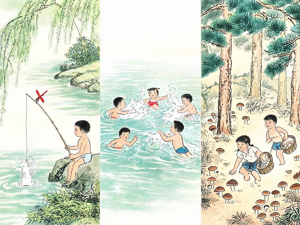 溪边钓鱼、江上戏水与林中采菇三幅童年画面