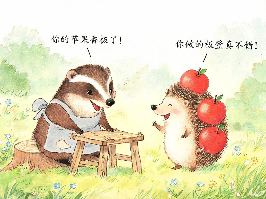 小獾和小刺猬在森林里互相竖起大拇指，脸上带着开心的笑容