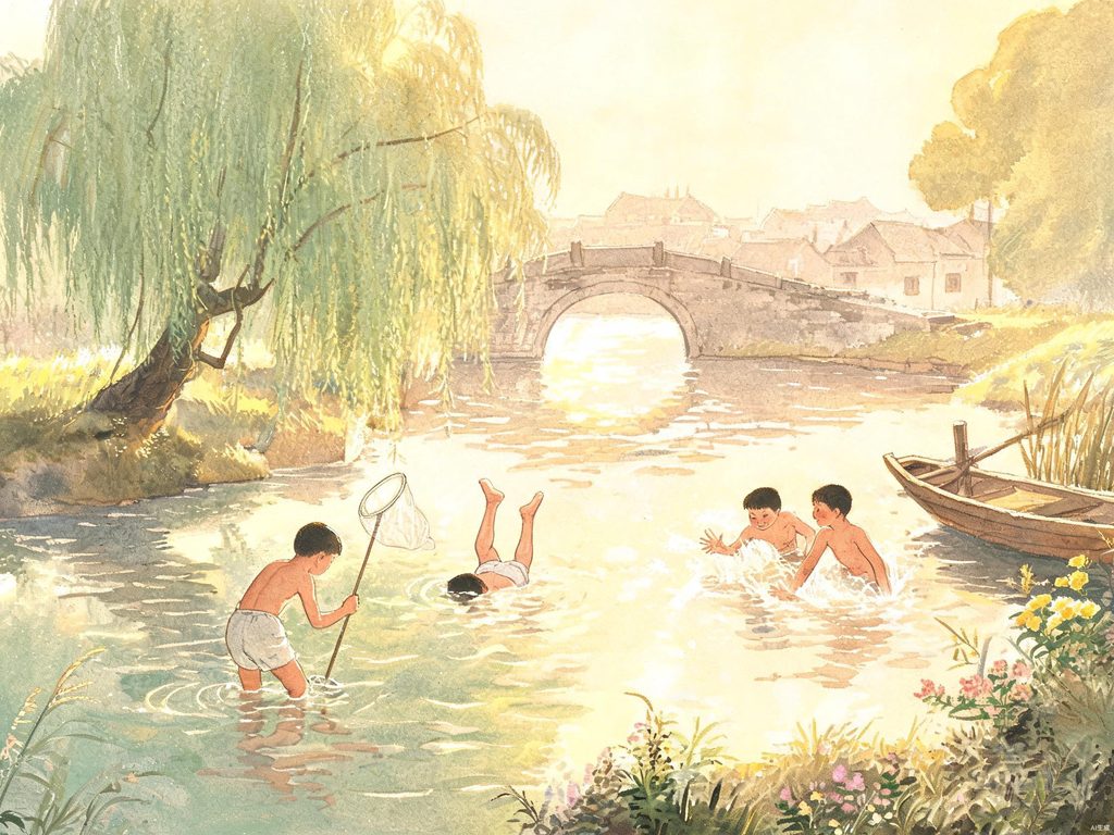 孩子在村边小河里摸鱼玩耍的成长插画