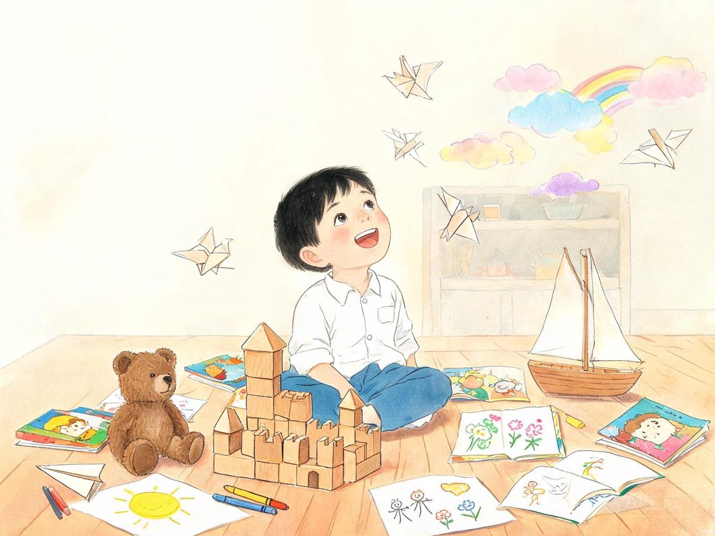 孩子蹲在草地上观察石头和蚂蚁的纯真插画