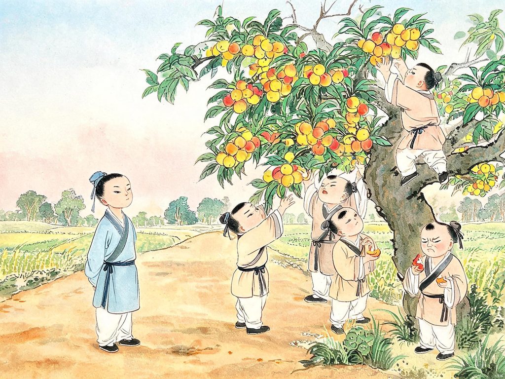 李树、孩子和道路插画