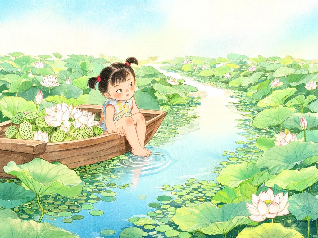 小娃撑小船偷采白莲、浮萍被划开一道的插画