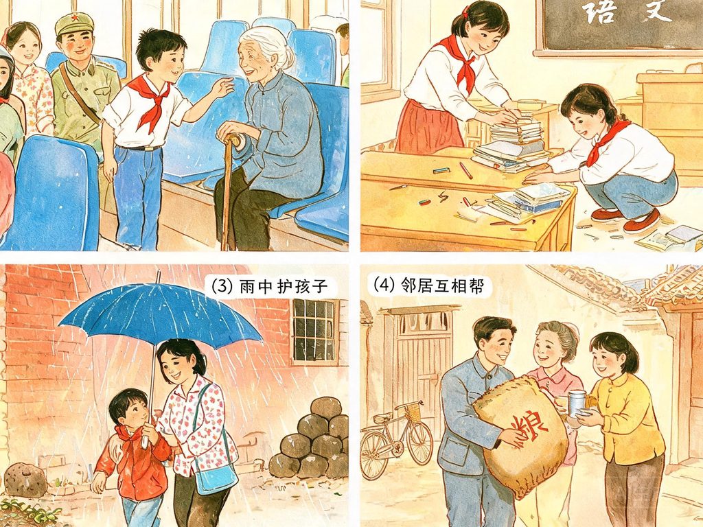 奶奶给孩子围围巾的插画