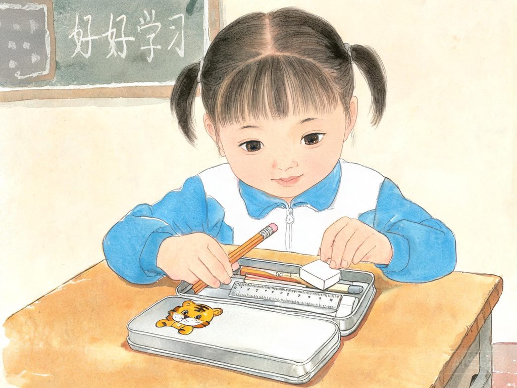 文具盒里整整齐齐放着铅笔橡皮的插画