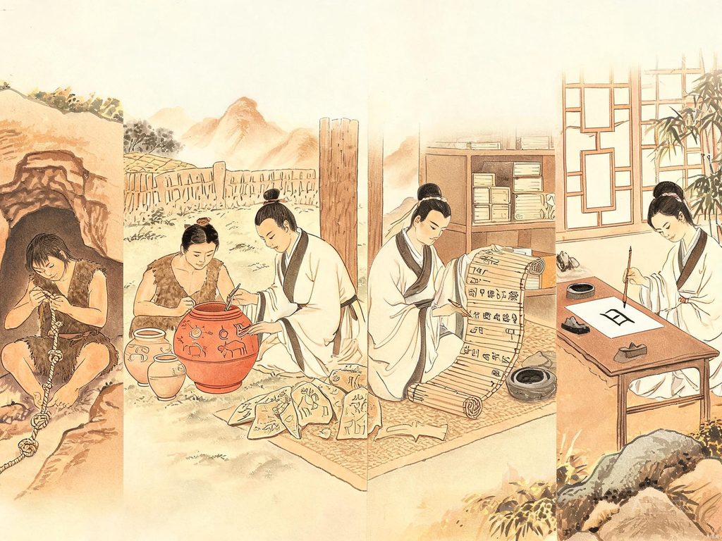从结绳到甲骨文的文字演变插画
