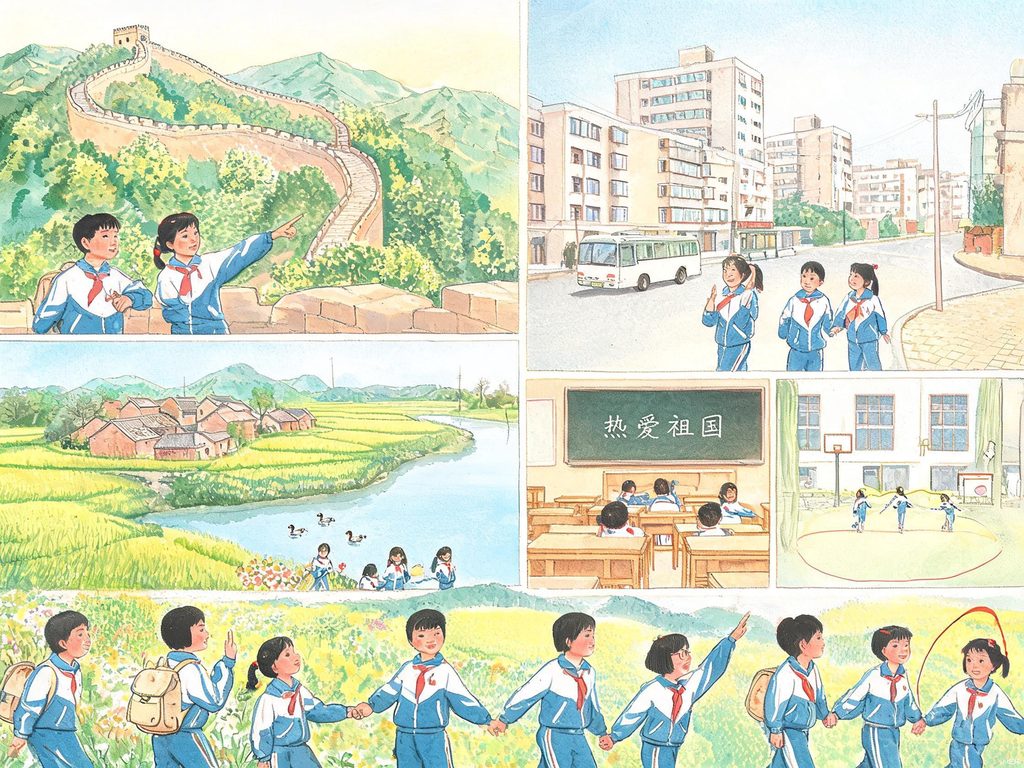 中国地图上长城、山河与小朋友的插画