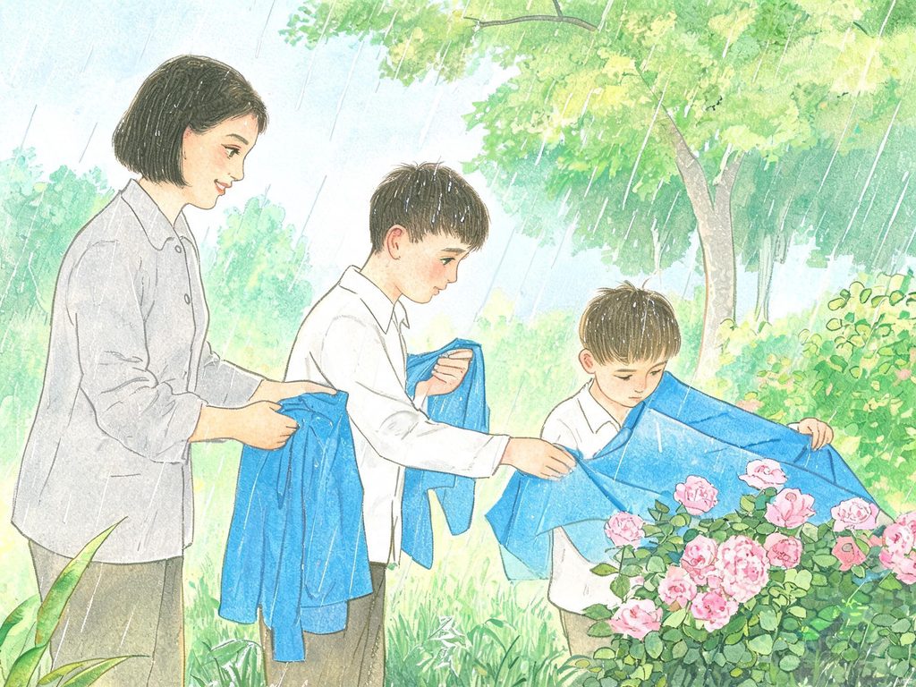 小朋友用衣服遮挡风雨中蔷薇花的插画
