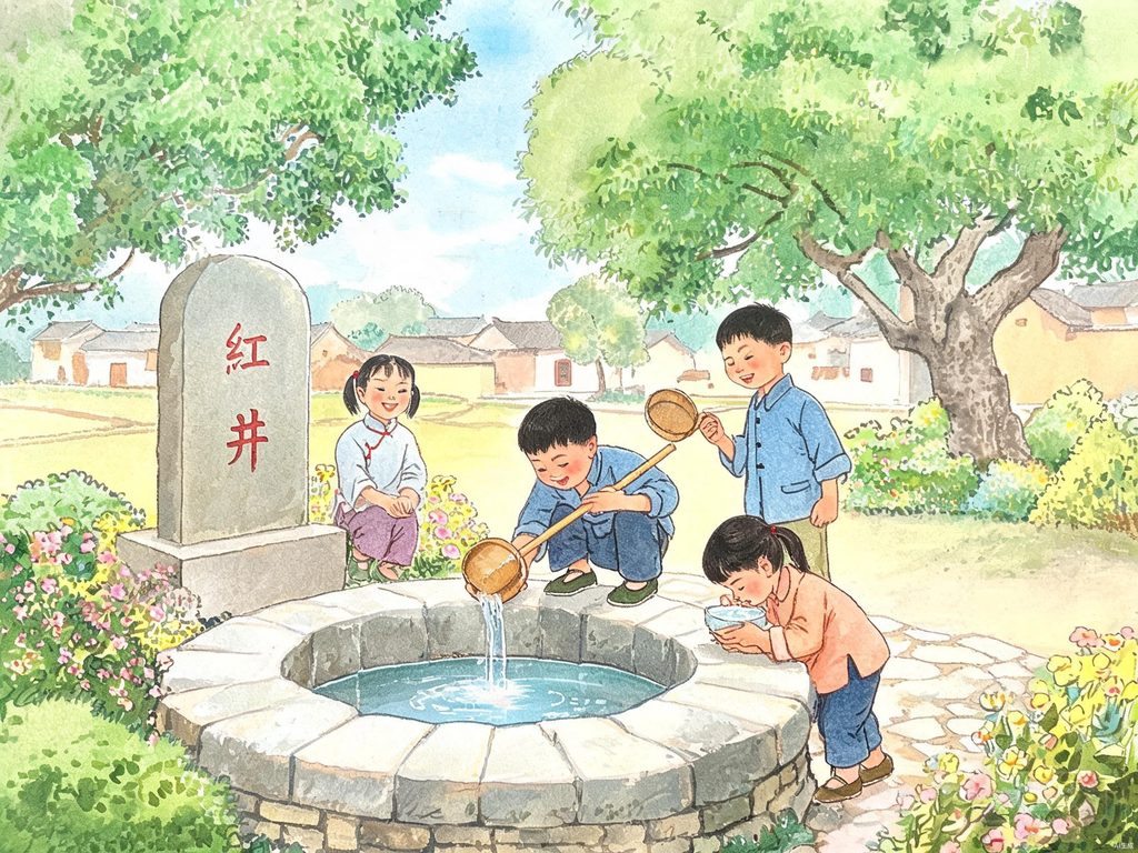 井、村庄和挑水人插画