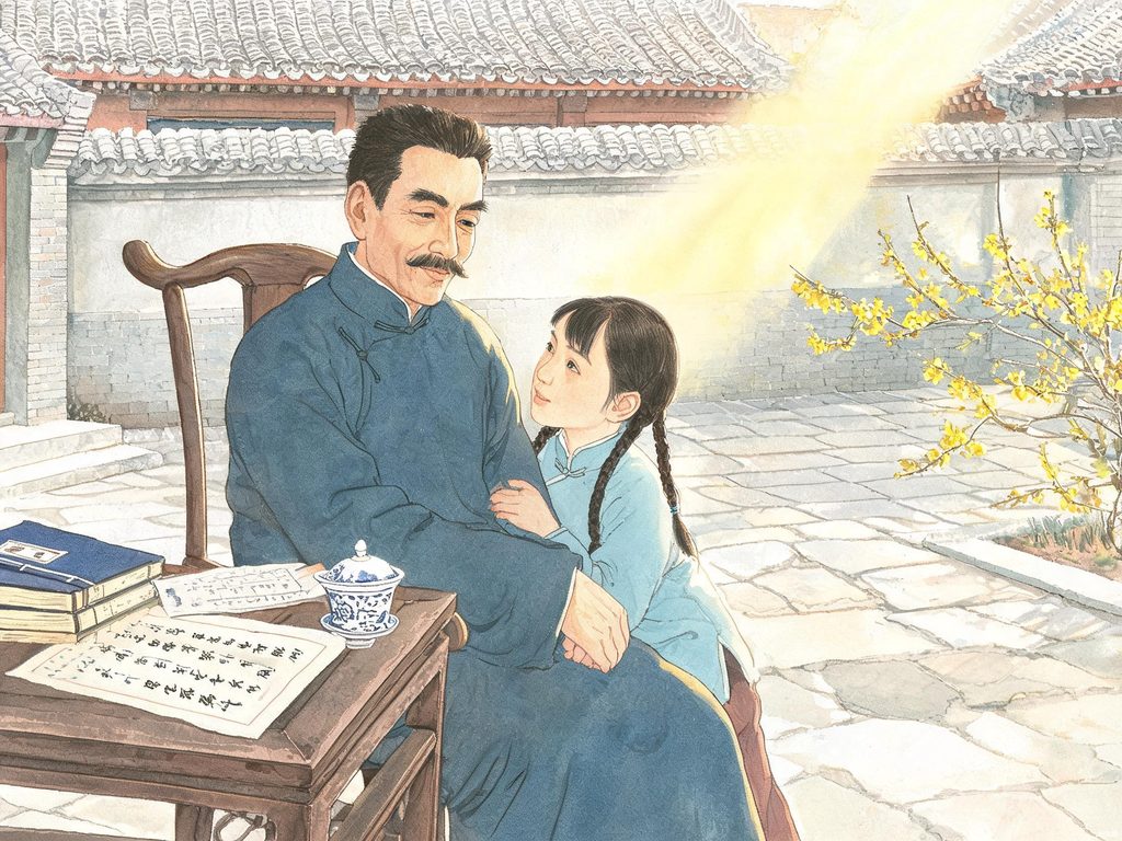 鲁迅与侄女谈笑和救助车夫的插画