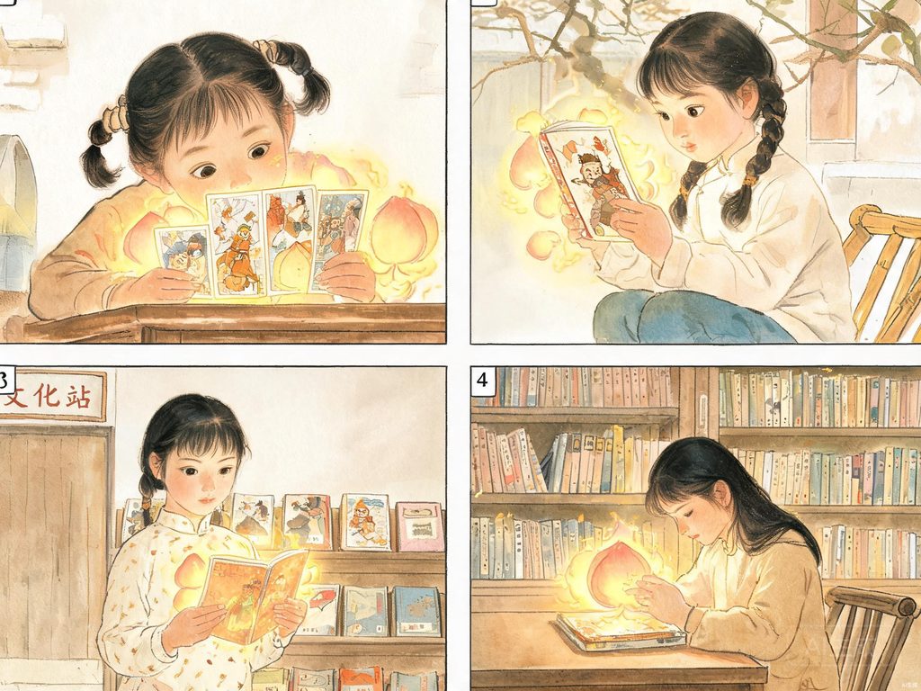 少年在书摊前如饥似渴读书的插画