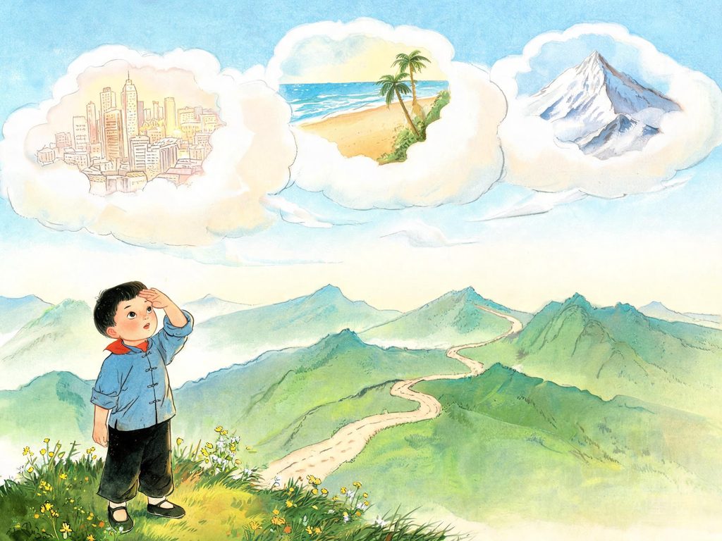 孩子望向远方天安门和雪山的插画