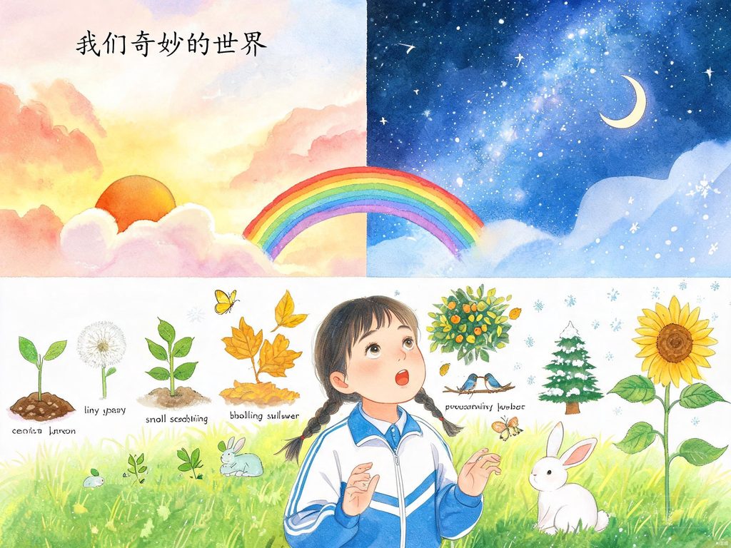 上半画天空太阳云彩，下半画大地树木溪流，中间一条小路连接