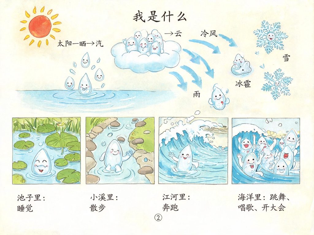 水变成云、雨、雪、冰的各种形态插画
