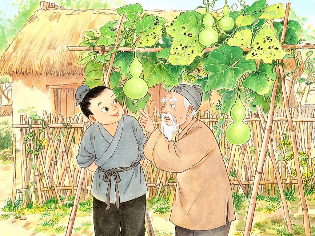 葫芦藤上长着小葫芦、叶子上爬满蚜虫的插画