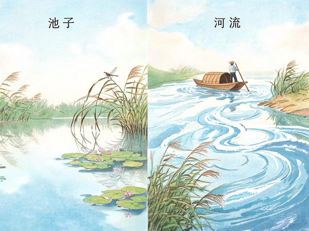 安静的池子和奔腾的河流对比插画