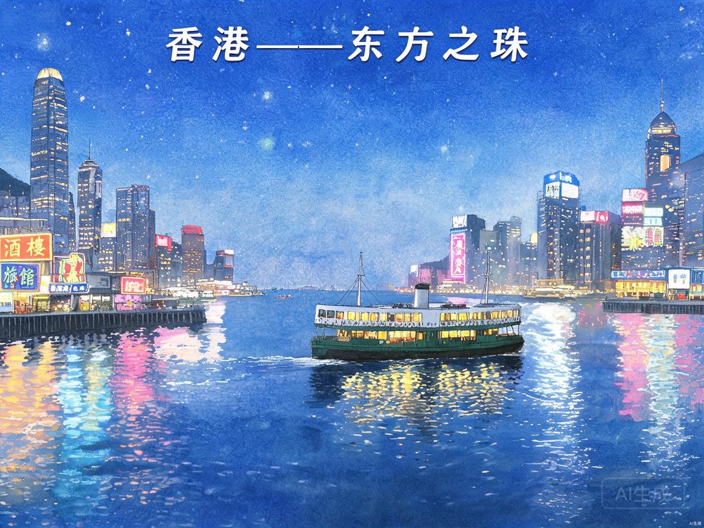 维多利亚港夜景与高楼林立的香港画面