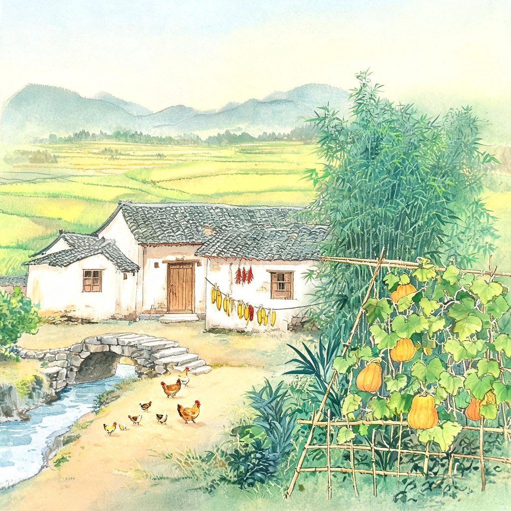 瓜架、鸡群、鸭子与农家小院的画面