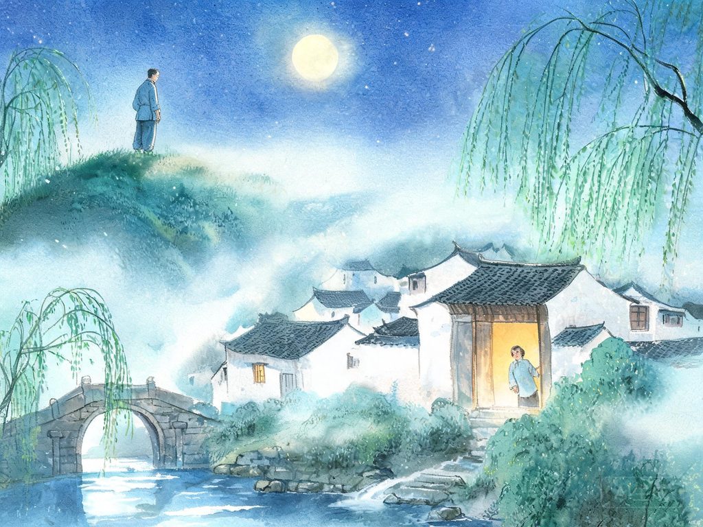 游子望着月亮思念家乡的插画