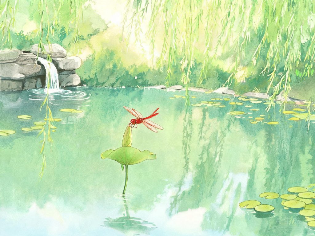 小池塘泉眼荷叶蜻蜓的插画