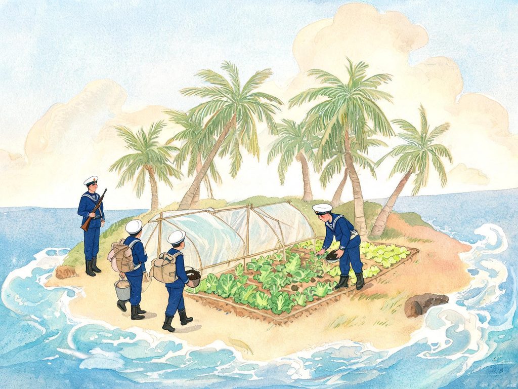 海中小岛上守岛战士和菜地的插画