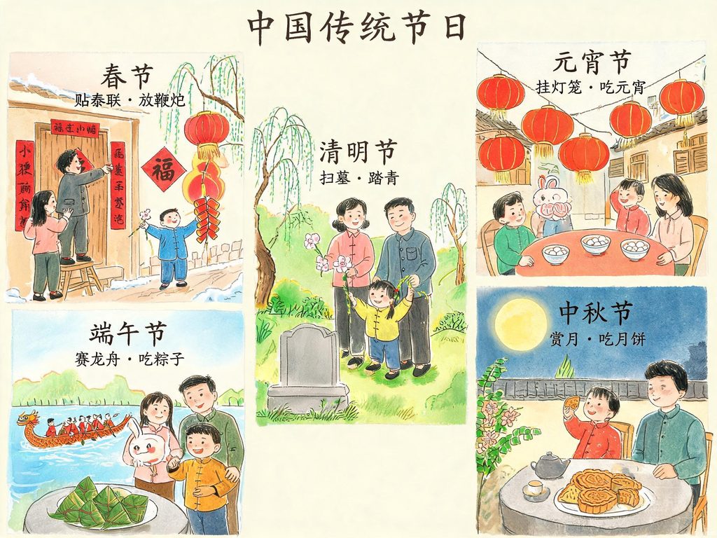 春节、端午、中秋等传统节日场景插画