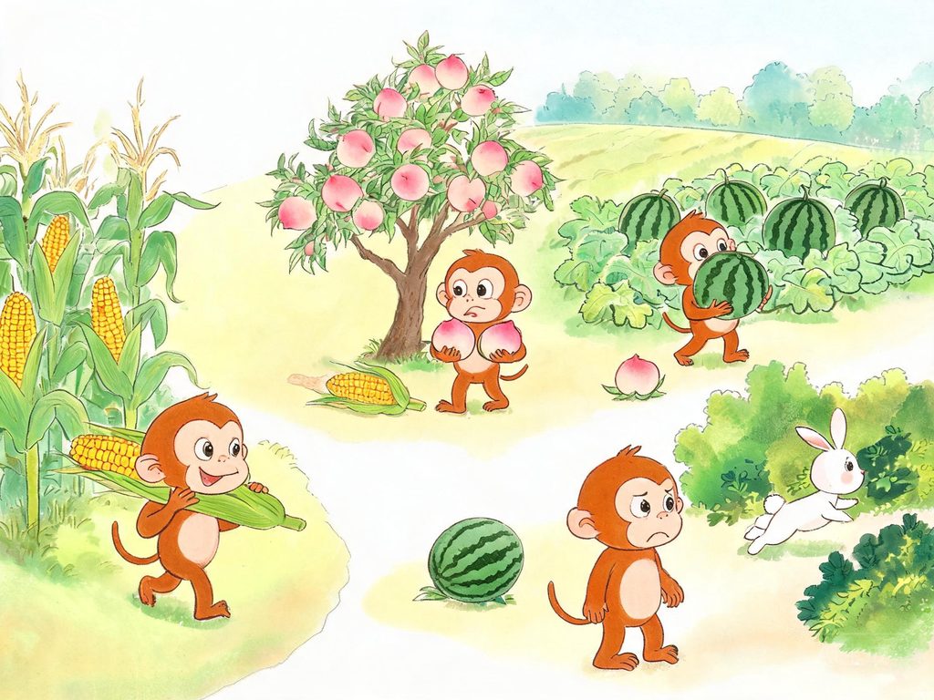 小猴子下山掰玉米摘桃子抱西瓜追小兔的连环插画