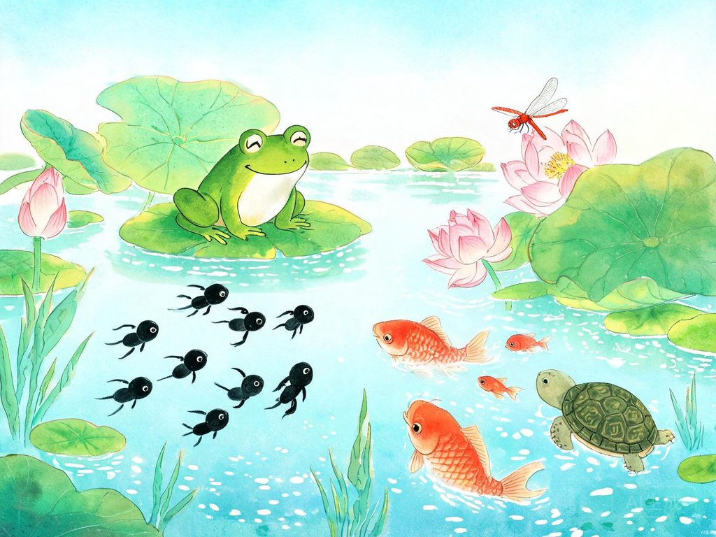 蝌蚪在水中游、青蛙在荷叶上的插画