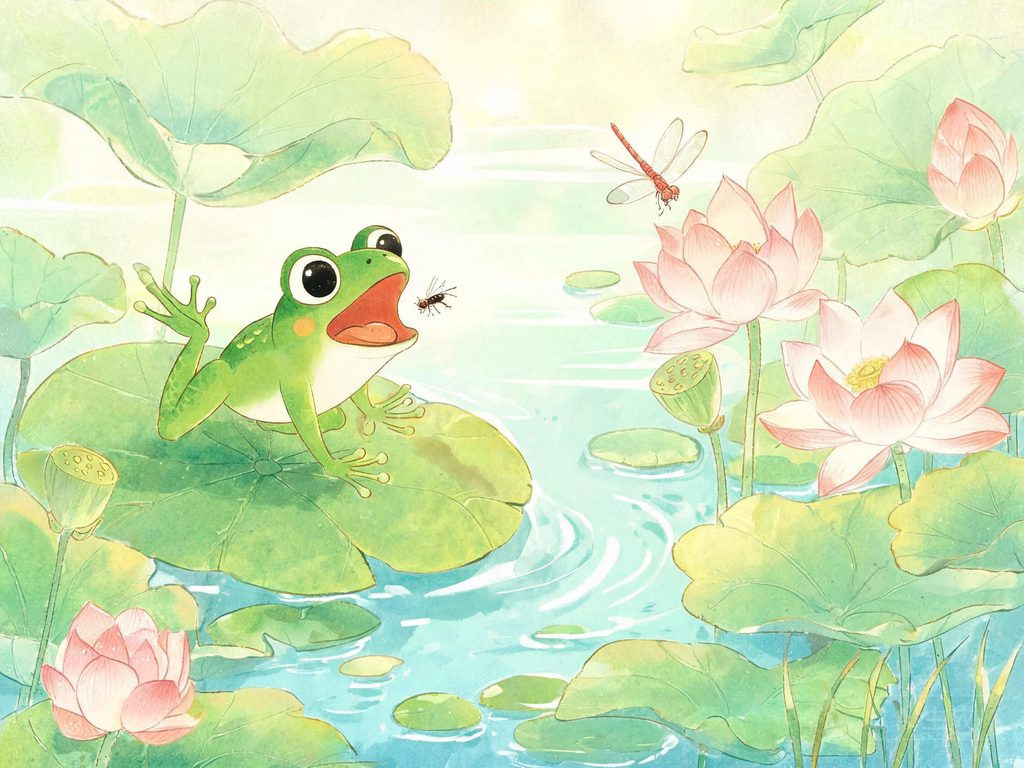 小青蛙在稻田里捉害虫的插画