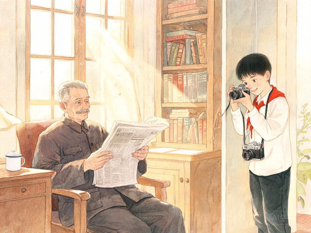 一个男孩举着相机，对面坐着一位戴眼镜的大作家