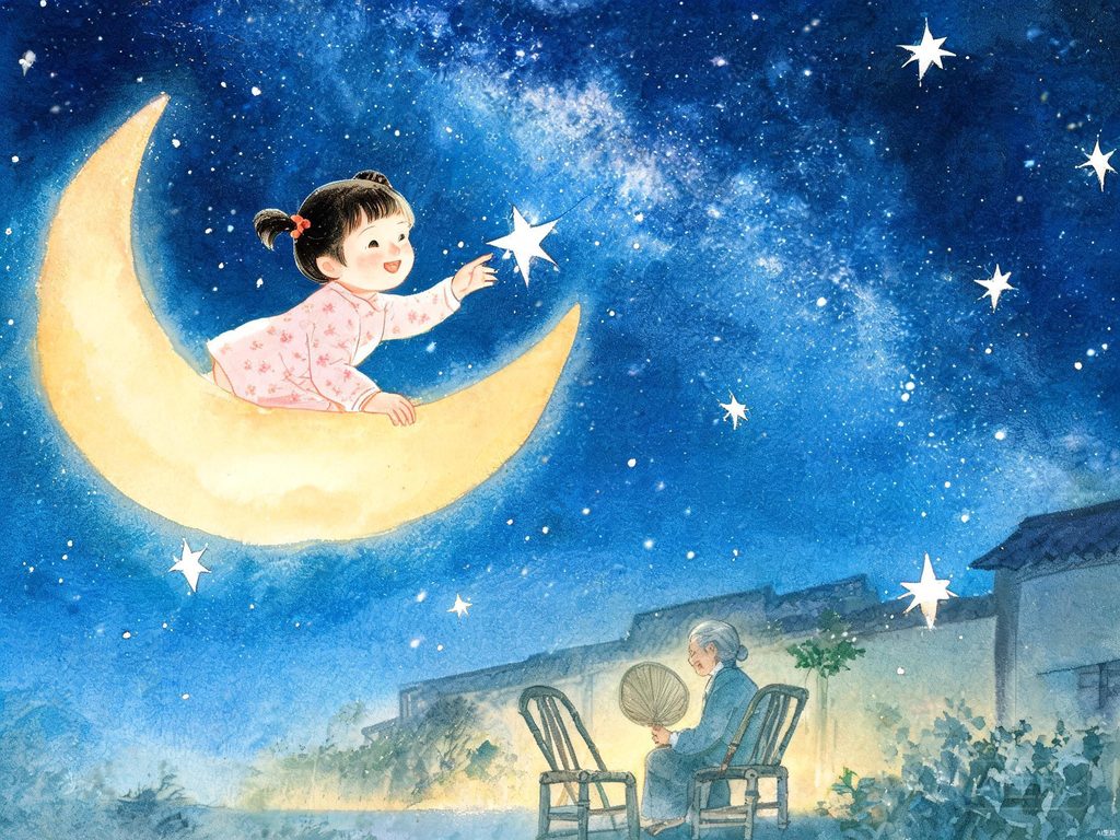 弯弯的月亮像小船，孩子在月船上仰望星空的插画