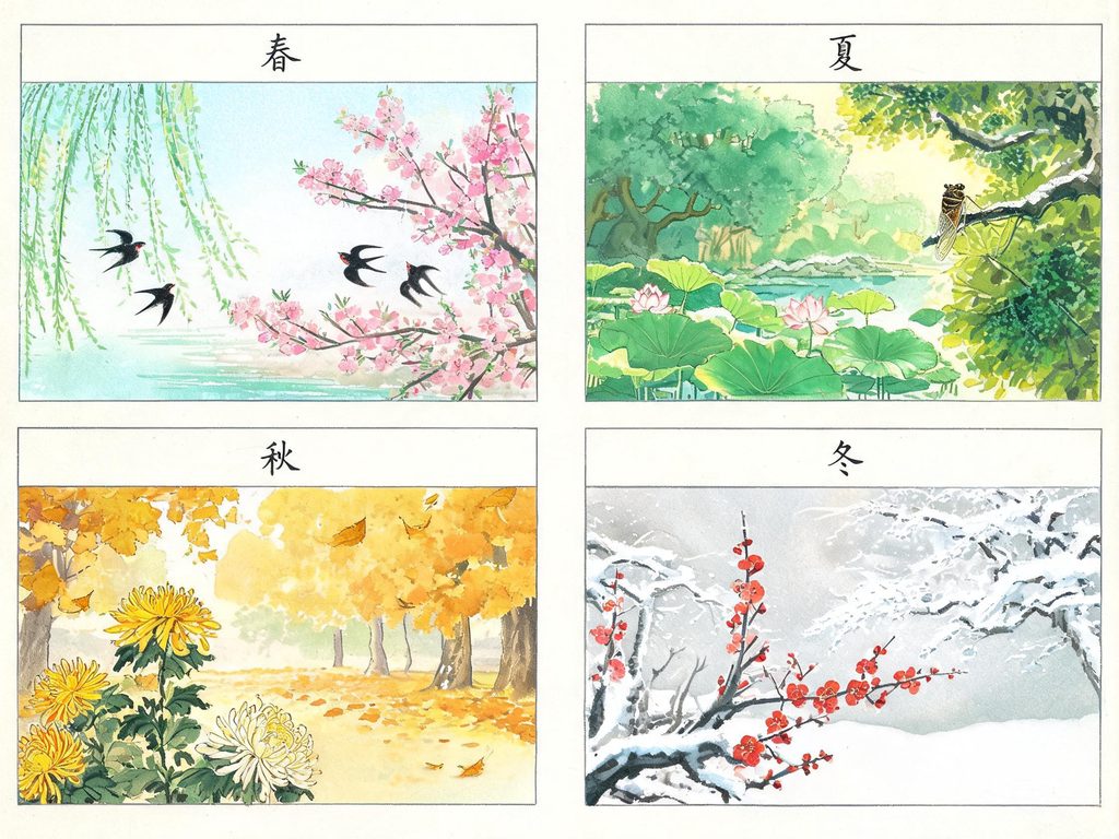 春夏秋冬四季景象对比的插画