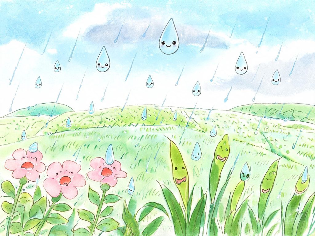 雨点落在花朵草地和小河上的插画