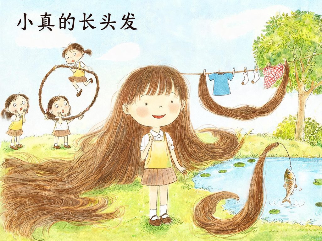 小女孩甩着长长的头发，头发像瀑布一样垂下来的插画