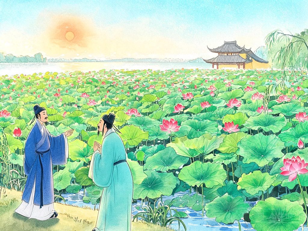 西湖碧荷连天、荷花映日的插画