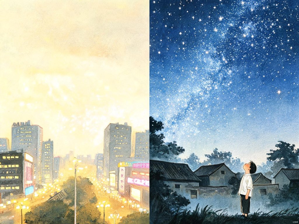 城市灯光让星星消失的插画