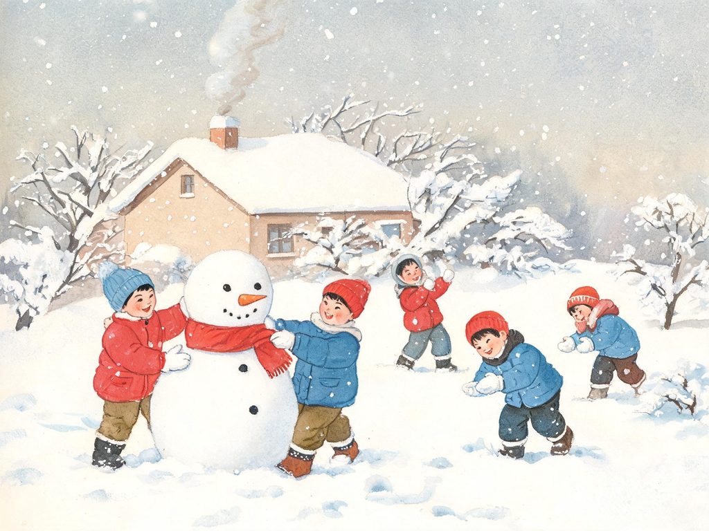 小雪节气飘着细雪的村庄与红梅插画