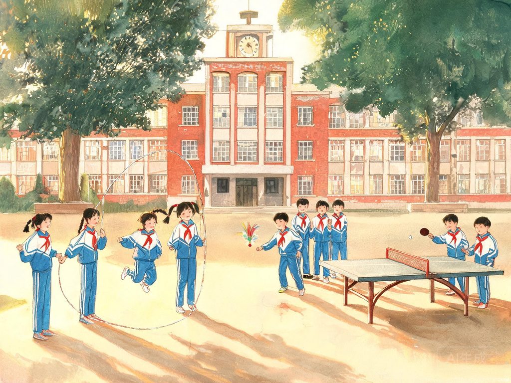 校园里孩子们奔跑和读书的插画