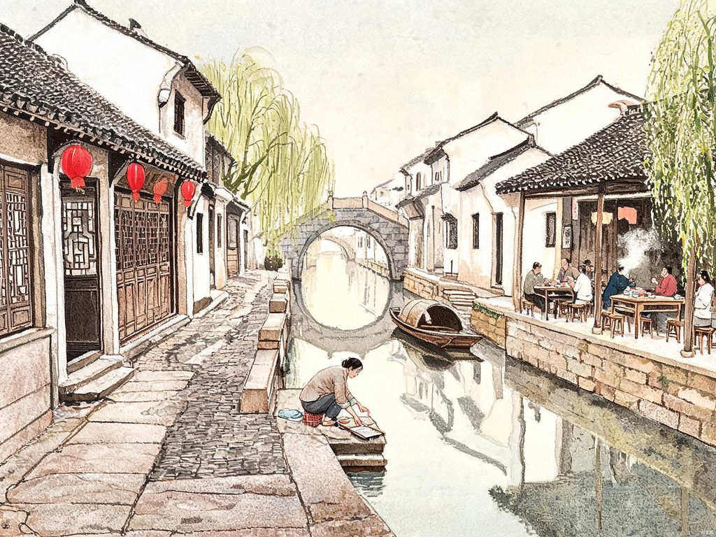 江南小镇石板路小桥流水人家插画