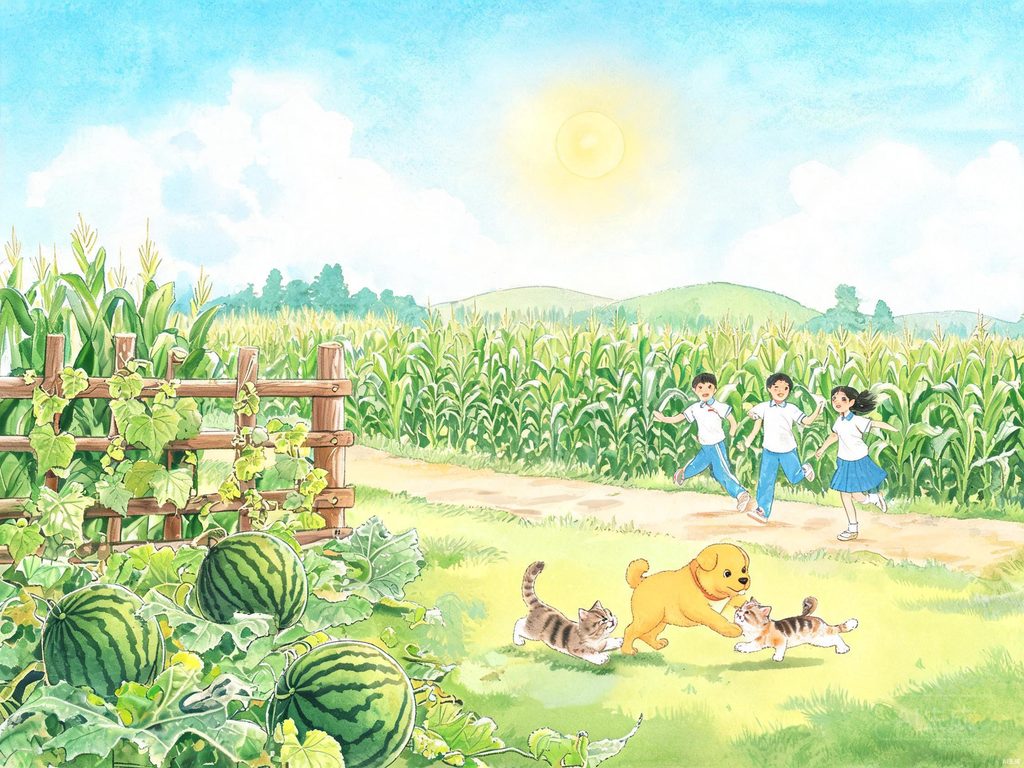 夏天万物飞速生长的插画：植物、动物、孩子在成长