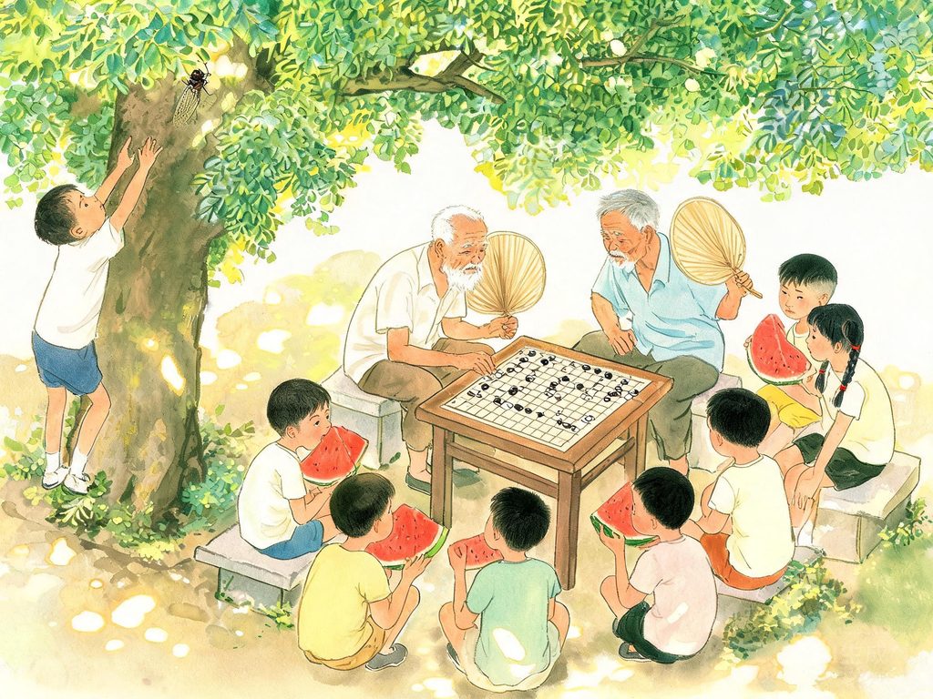 夏日大树下斑驳树影的自然插画