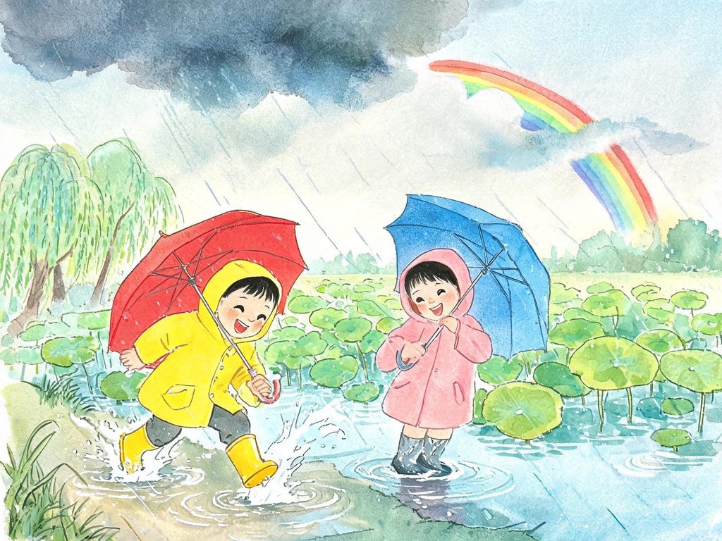 夏日雷阵雨后彩虹挂天边的自然插画