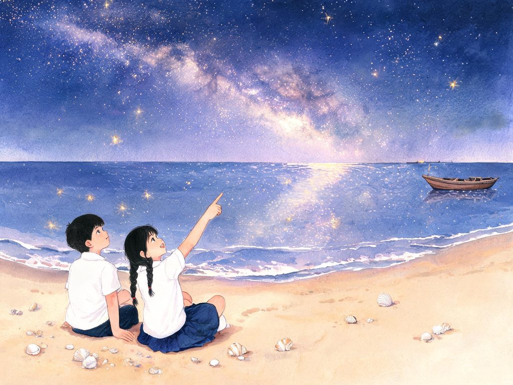 银河横亘夜空的科学插画