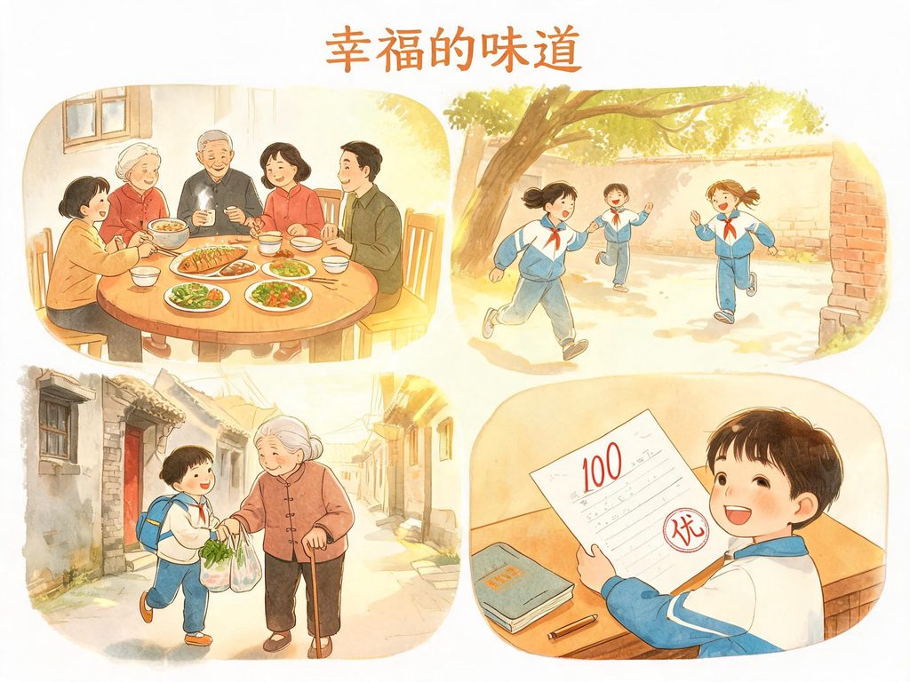 一家人围坐在饭桌前吃饭的插画