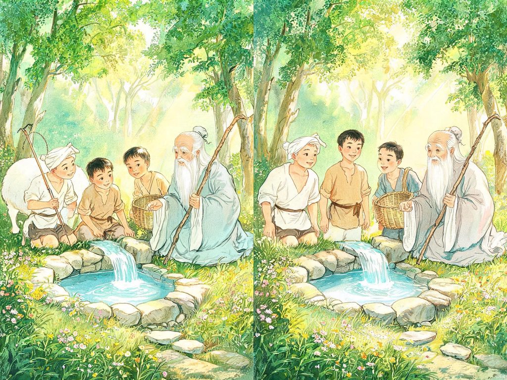 三个年轻人围在井边讨论幸福的插画