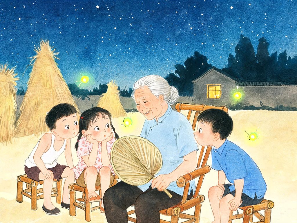 孩子仰望满天星斗的科学插画
