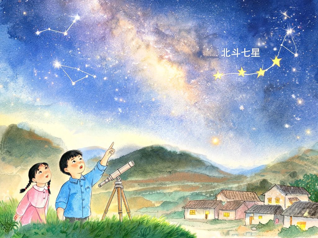 孩子仰望星空与银河插画